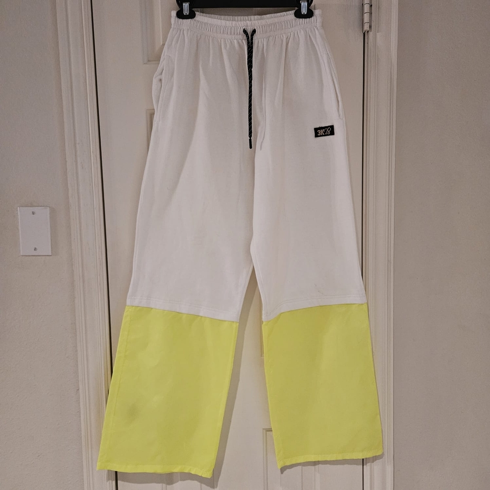 3K28 Istanbul Streetware White and Neon Yellow Unisex Pants MEDIUM